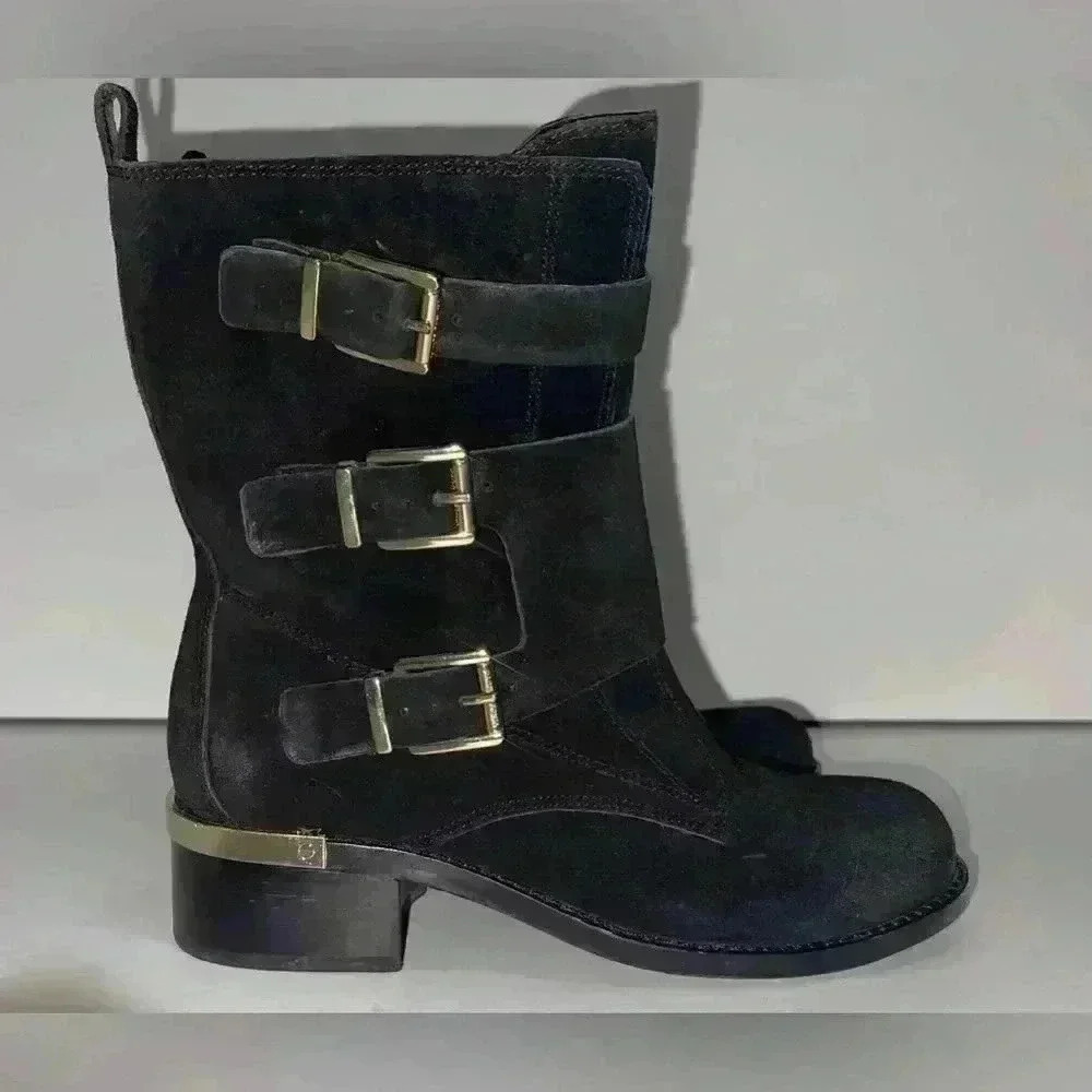 Vince Camuto Watcher Suede Mid Calf Motorcycle Boots Black Size 7 NWOT